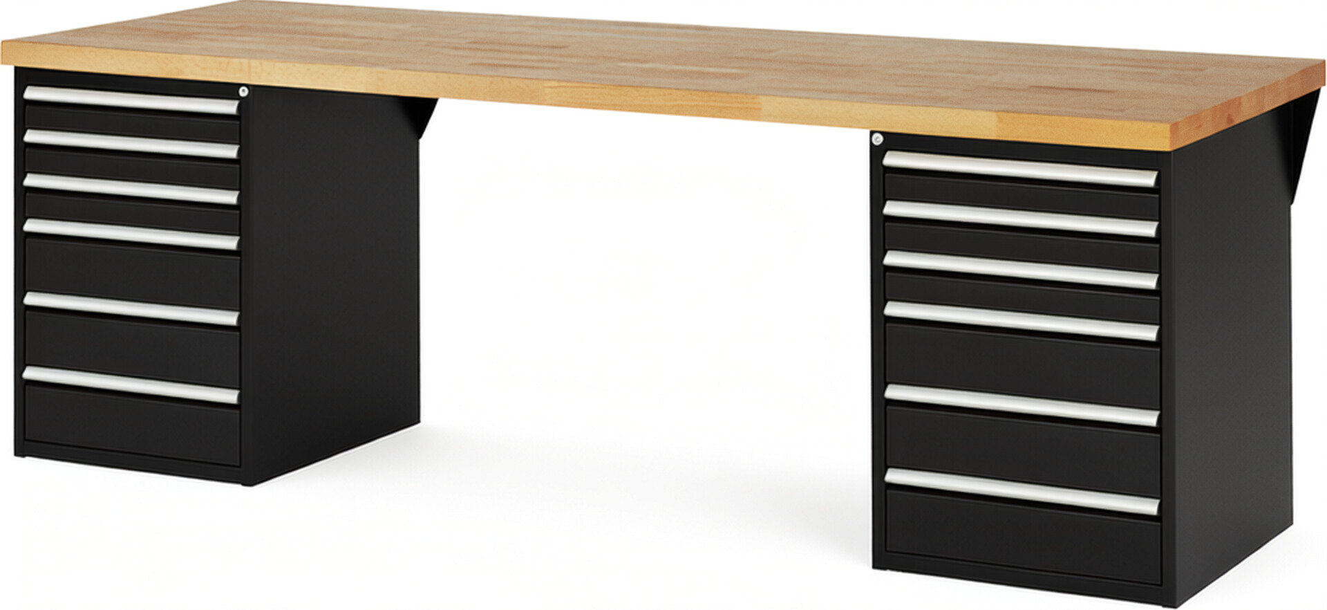 Werkbank Modell 7515 schwarz, BxTxH 2500x900x890 mm,  Buche-Massiv Arbeitsplatte 40 mm,  12 Schubladen mit  Auszug 90 %