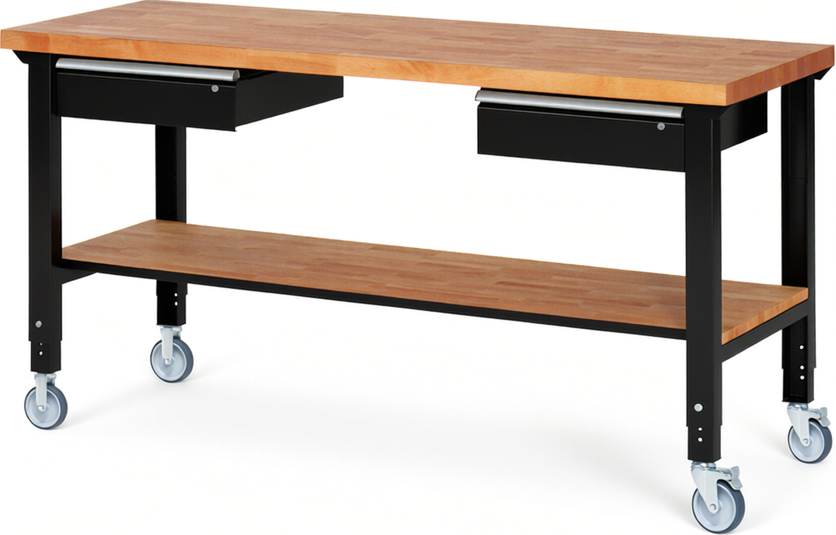 Fahrbare Werkbank Modell 7002 schwarz, BxTxH 2000x700x950-1000 mm,  Buche-Massiv Arbeitsplatte 40 mm,  2 Schubladen mit  Auszug 90 %