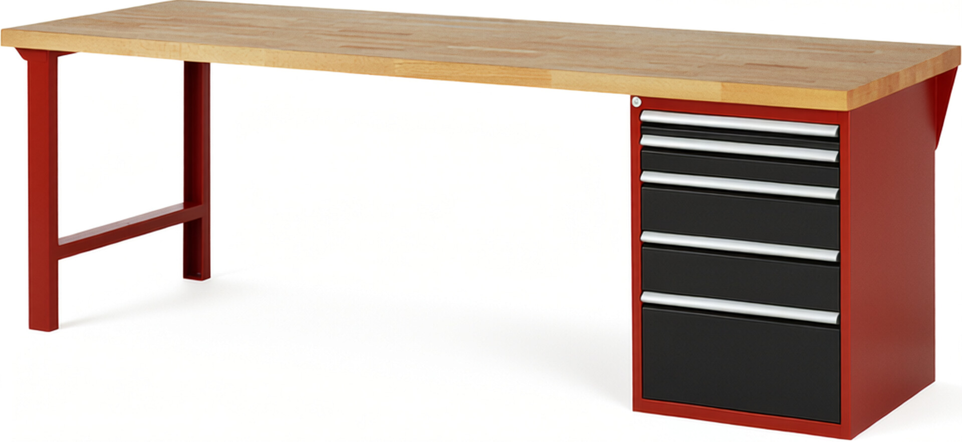 Werkbank Modell 7511 rot - schwarz, BxTxH 2500x900x890 mm,  Buche-Massiv Arbeitsplatte 40 mm,  5 Schubladen mit  Auszug 90 %