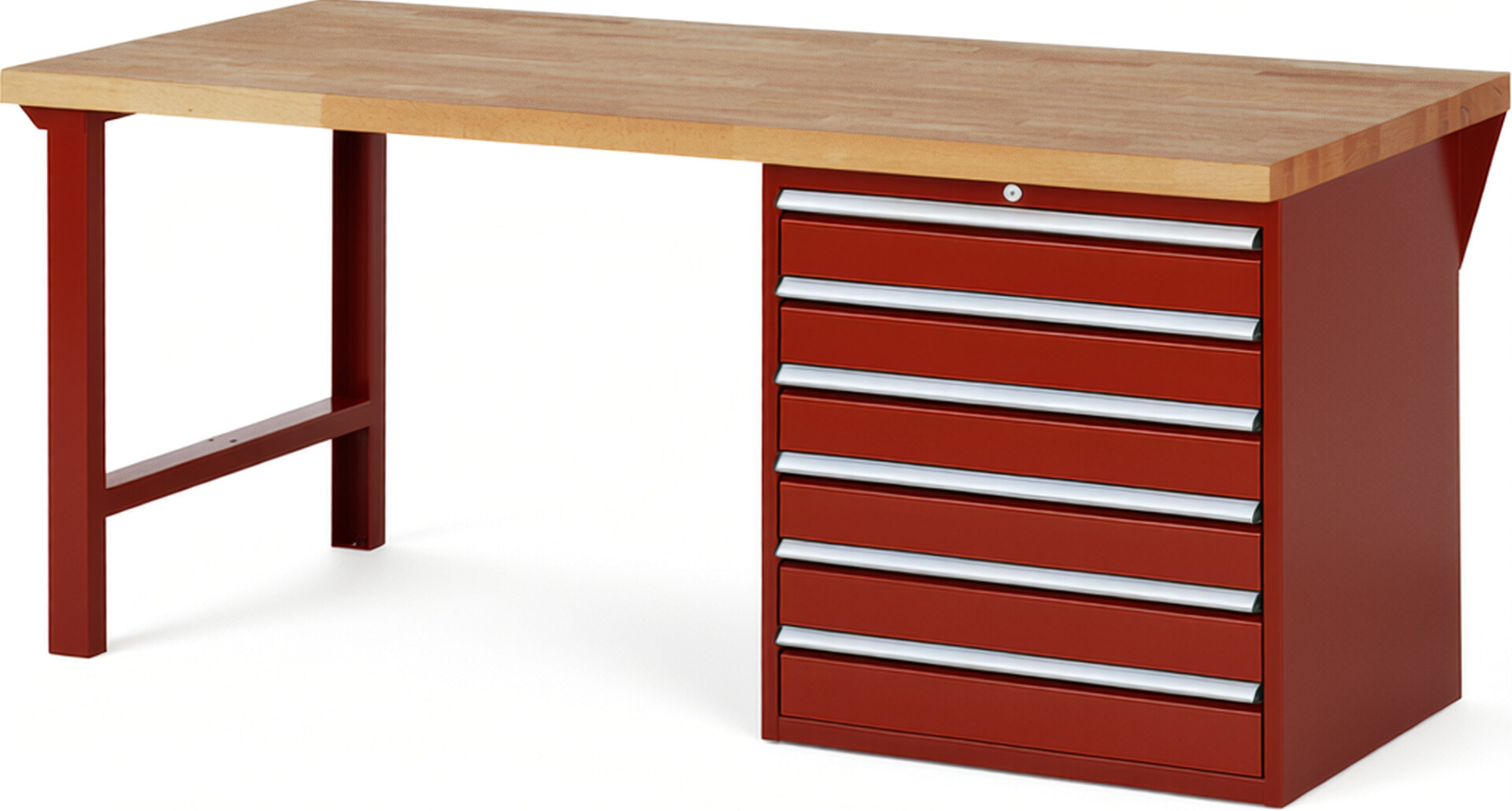 Werkbank Modell 7616 rot, BxTxH 2000x900x890 mm,  Buche-Massiv Arbeitsplatte 40 mm,  6 Schubladen mit  Auszug 90 %