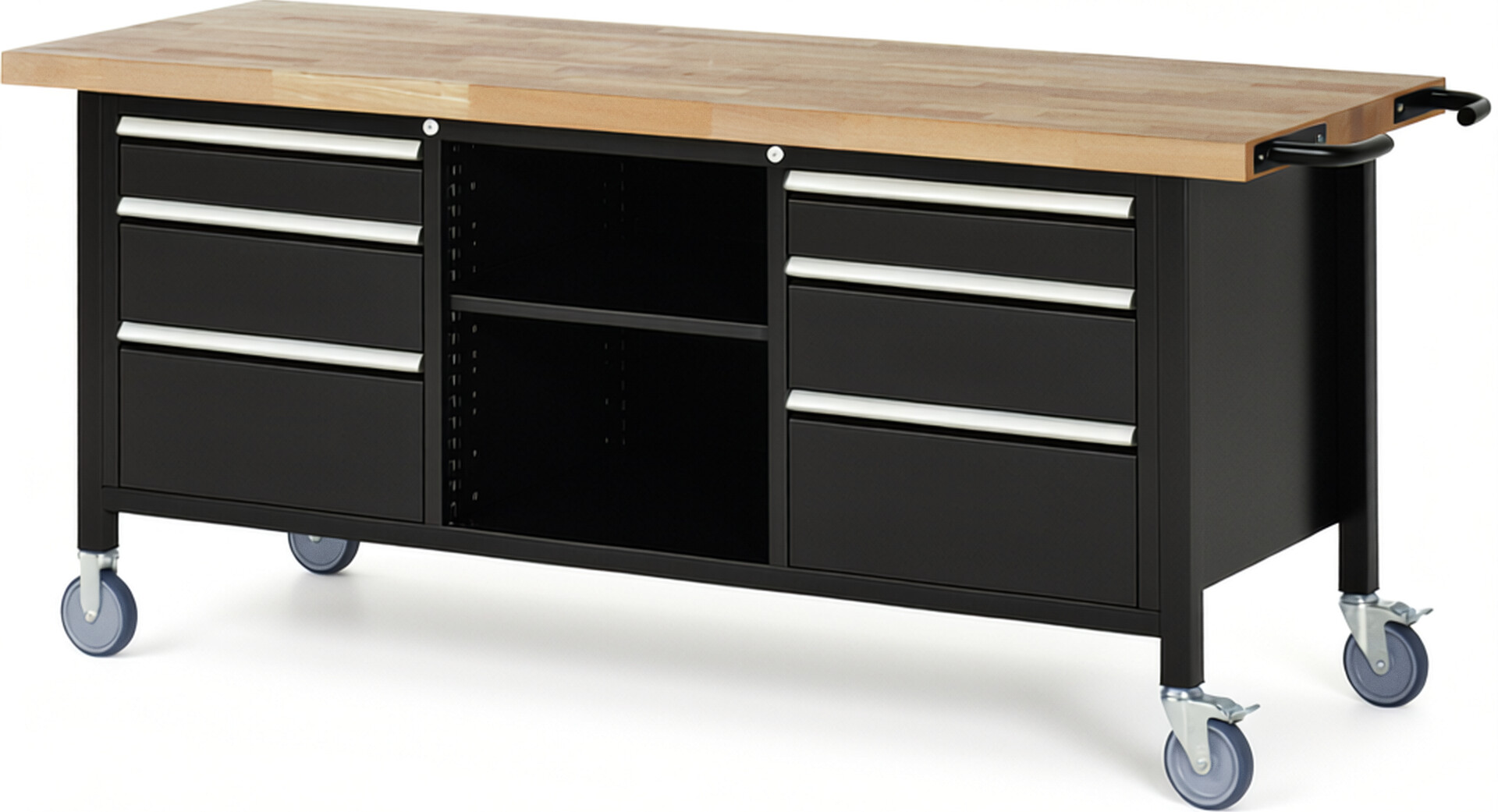 Fahrbare Werkbank Modell 8564 schwarz, BxTxH 2000x700x880 mm,  Buche-Massiv Arbeitsplatte 40 mm,  6 Schubladen mit  Auszug 90 %