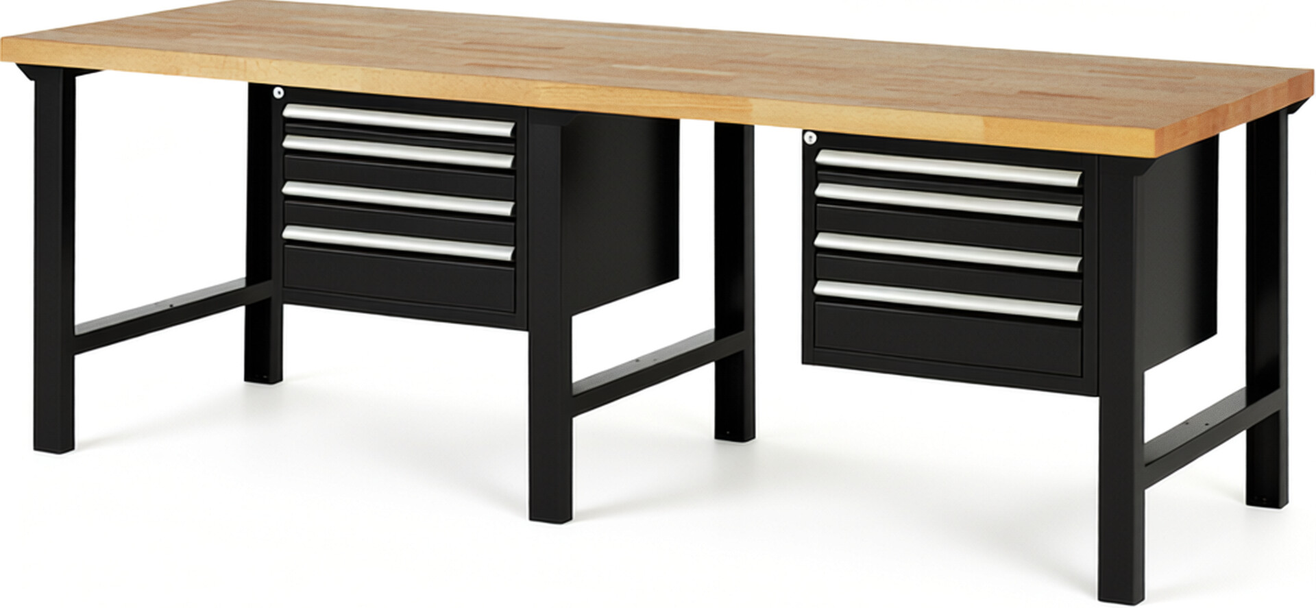 Werkbank Modell 7132 schwarz, BxTxH 2500x900x840 mm,  Buche-Massiv Arbeitsplatte 40 mm,  8 Schubladen mit  Auszug 90 %