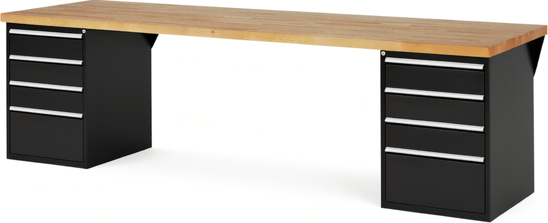 Werkbank Modell 7510 schwarz, BxTxH 3000x900x890 mm,  Buche-Massiv Arbeitsplatte 40 mm,  8 Schubladen mit  Auszug 90 %
