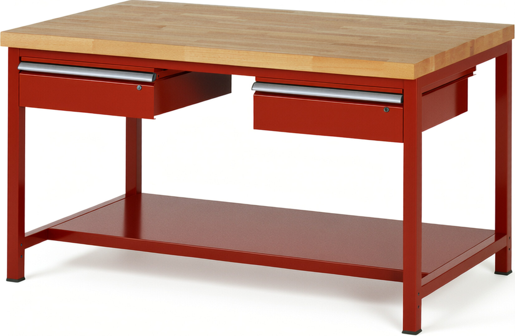Werkbank Modell 8002 rot, BxTxH 1500x900x840-1040 mm,  Buche-Massiv Arbeitsplatte 40 mm,  2 Schubladen mit  Auszug 90 %