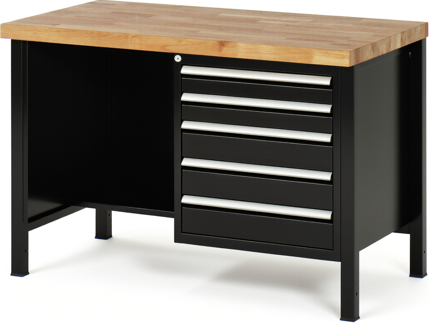 Werkbank Modell 8454 schwarz, BxTxH 1250x700x840 mm,  Buche-Massiv Arbeitsplatte 40 mm,  5 Schubladen mit  Vollauszug 100 % und  SoftClosing