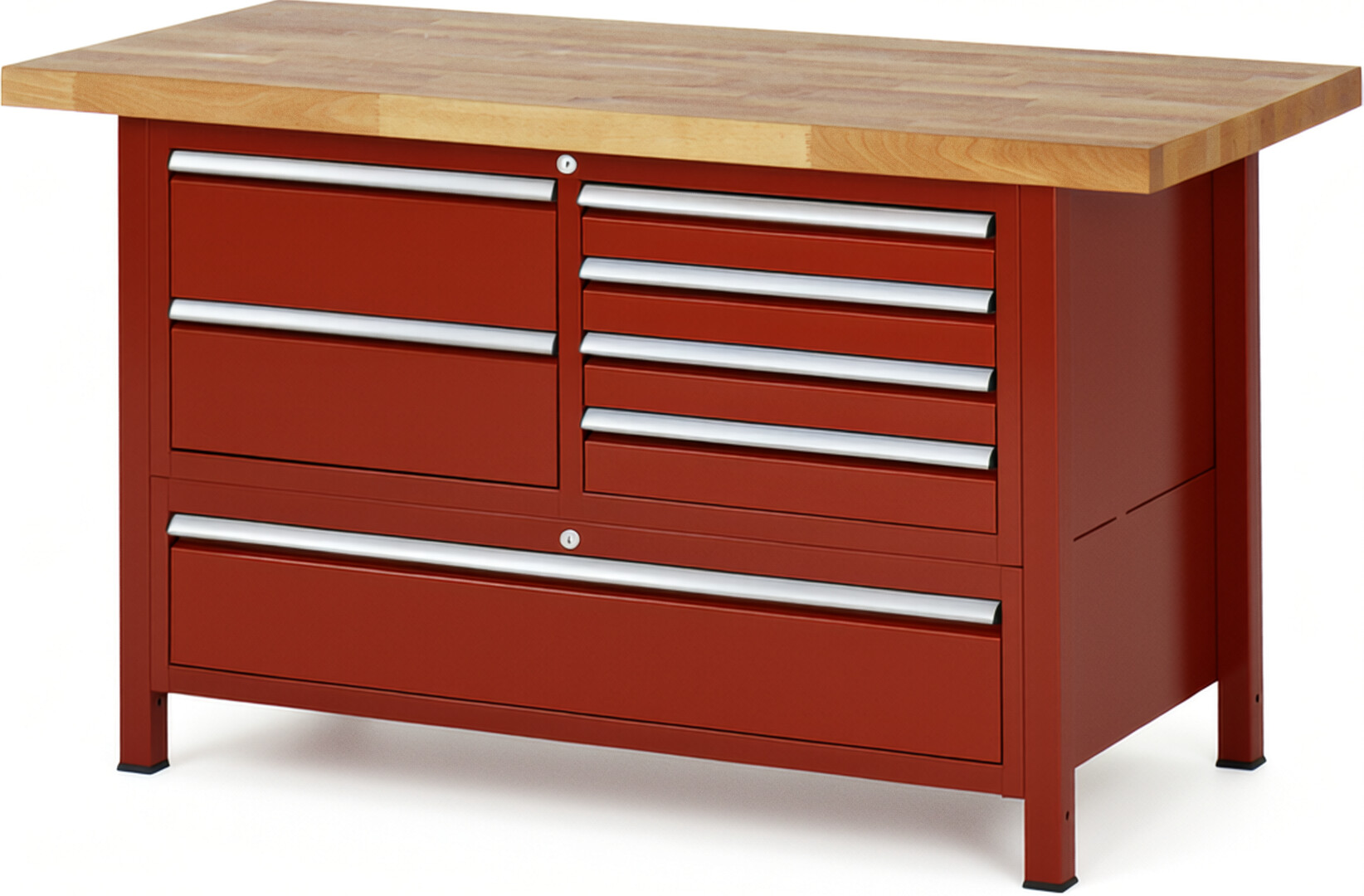 Werkbank Modell 8931 rot, BxTxH 1500x700x840-1040 mm,  Buche-Massiv Arbeitsplatte 40 mm,  7 Schubladen mit  Auszug 90 %