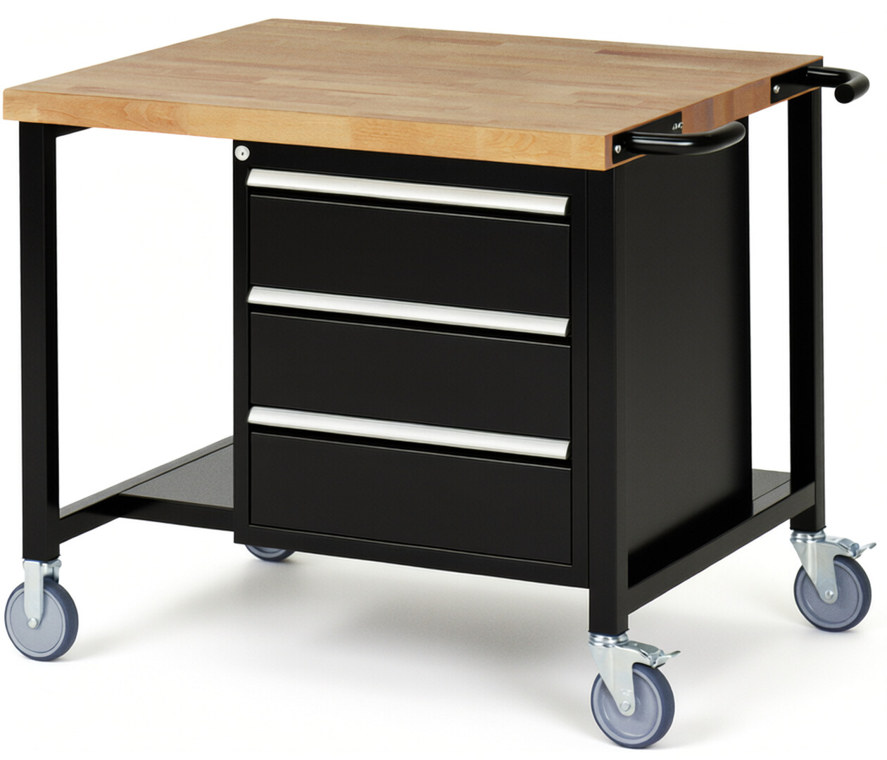 Fahrbare Werkbank Modell 8157 schwarz, BxTxH 1000x900x880 mm,  Buche-Massiv Arbeitsplatte 40 mm,  3 Schubladen mit  Auszug 90 %