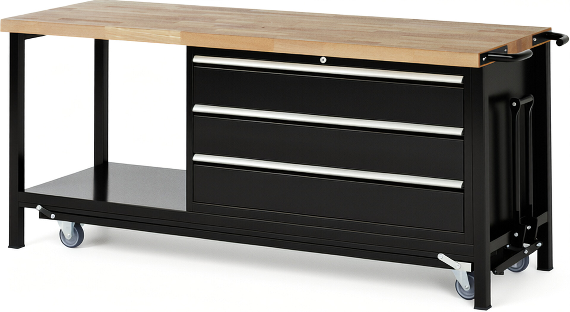Absenkbare Werkbank Modell 8357 schwarz, BxTxH 2000x700x880 mm,  Buche-Massiv Arbeitsplatte 40 mm,  3 Schubladen mit  Auszug 90 %
