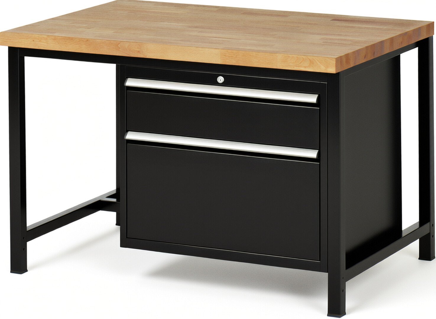 Werkbank Modell 8256 schwarz, BxTxH 1250x900x840-1040 mm,  Buche-Massiv Arbeitsplatte 40 mm,  2 Schubladen mit  Vollauszug 100 % und  SoftClosing