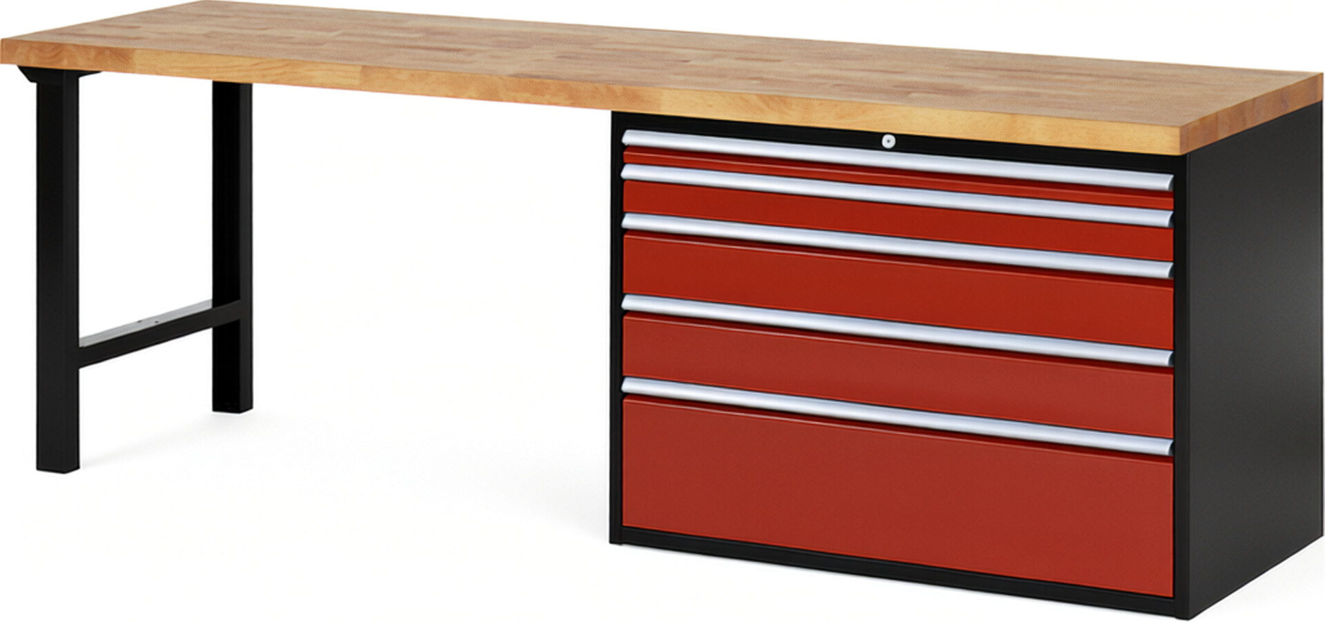 RAU Werkbank schwarz - rot - Breite 250 cm - Tiefe 70 cm - Höhe 89 cm - Buche-Massiv Arbeitsplatte 40 mm