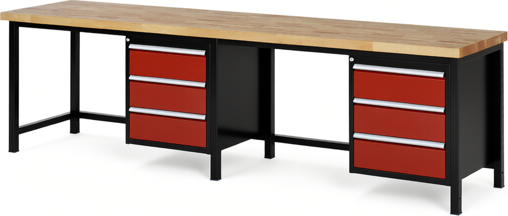 RAU Werkbank schwarz - rot - Breite 300 cm - Tiefe 70 cm - Höhe 104 cm - Buche-Massiv Arbeitsplatte 40 mm