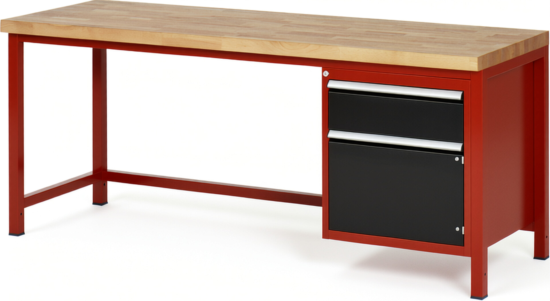 Werkbank Modell 8152 rot - schwarz, BxTxH 2000x700x840-1040 mm,  Buche-Massiv Arbeitsplatte 40 mm,  1 Schublade mit  Auszug 90 %