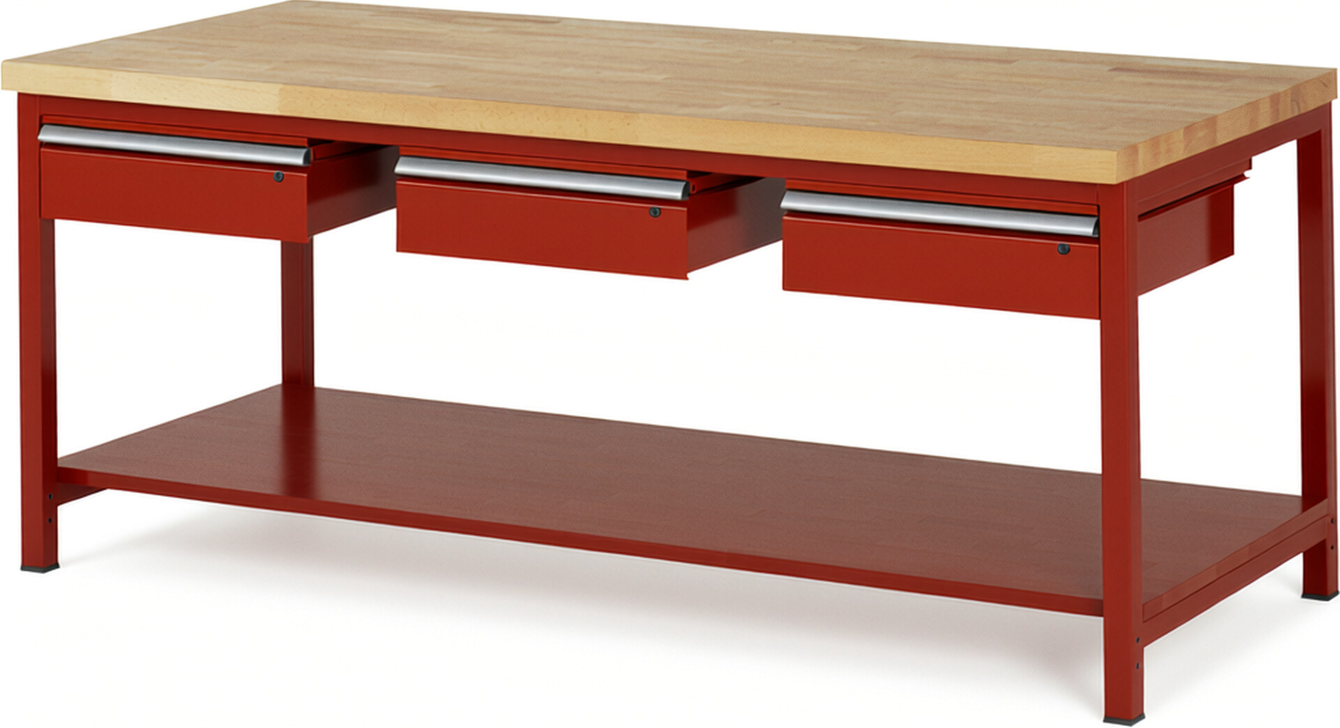 Werkbank Modell 8003 rot, BxTxH 2000x900x840-1040 mm,  Buche-Massiv Arbeitsplatte 40 mm,  3 Schubladen mit  Auszug 90 %
