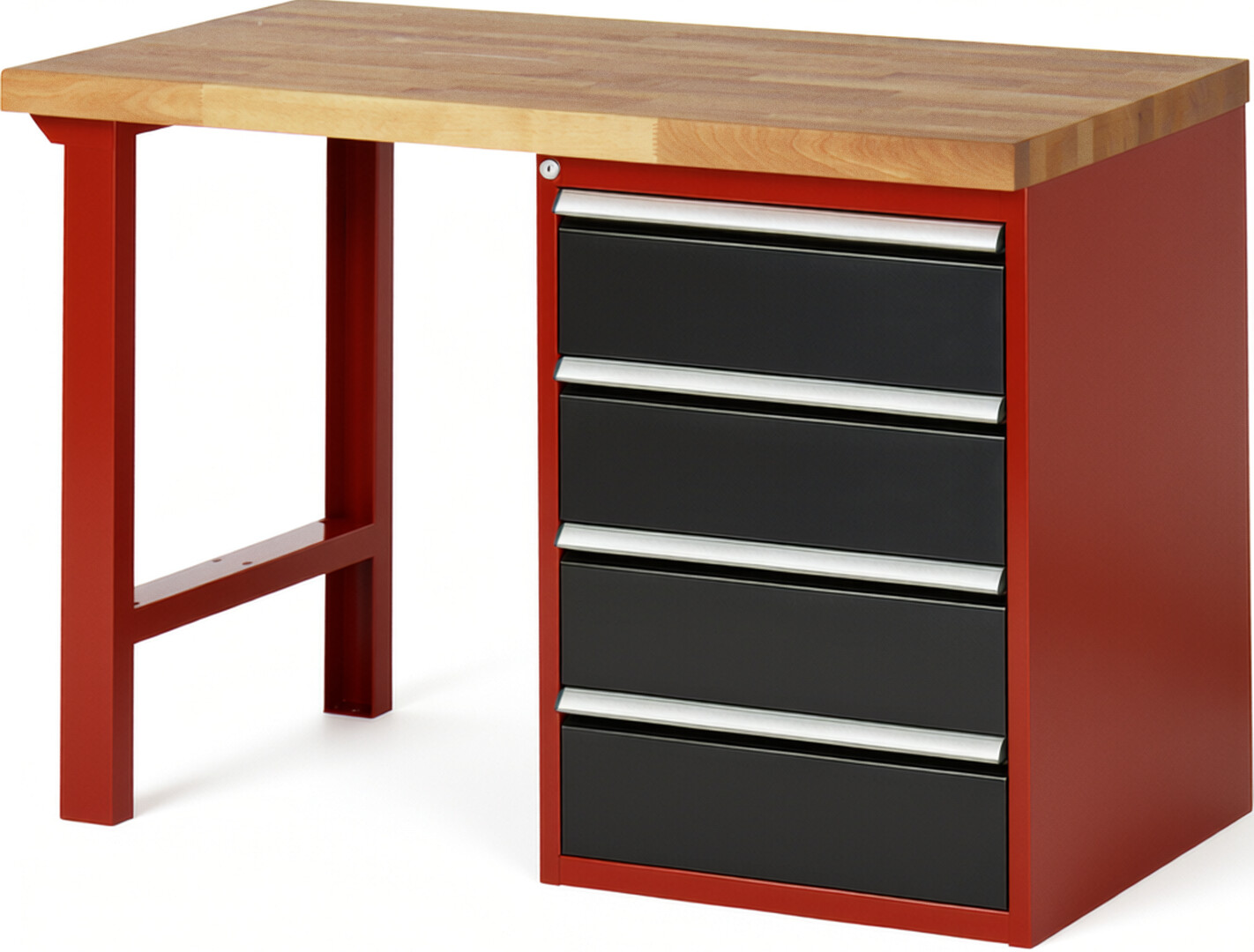 Werkbank Modell 7509 rot - schwarz, BxTxH 1250x700x890 mm,  Buche-Massiv Arbeitsplatte 40 mm,  4 Schubladen mit  Auszug 90 %