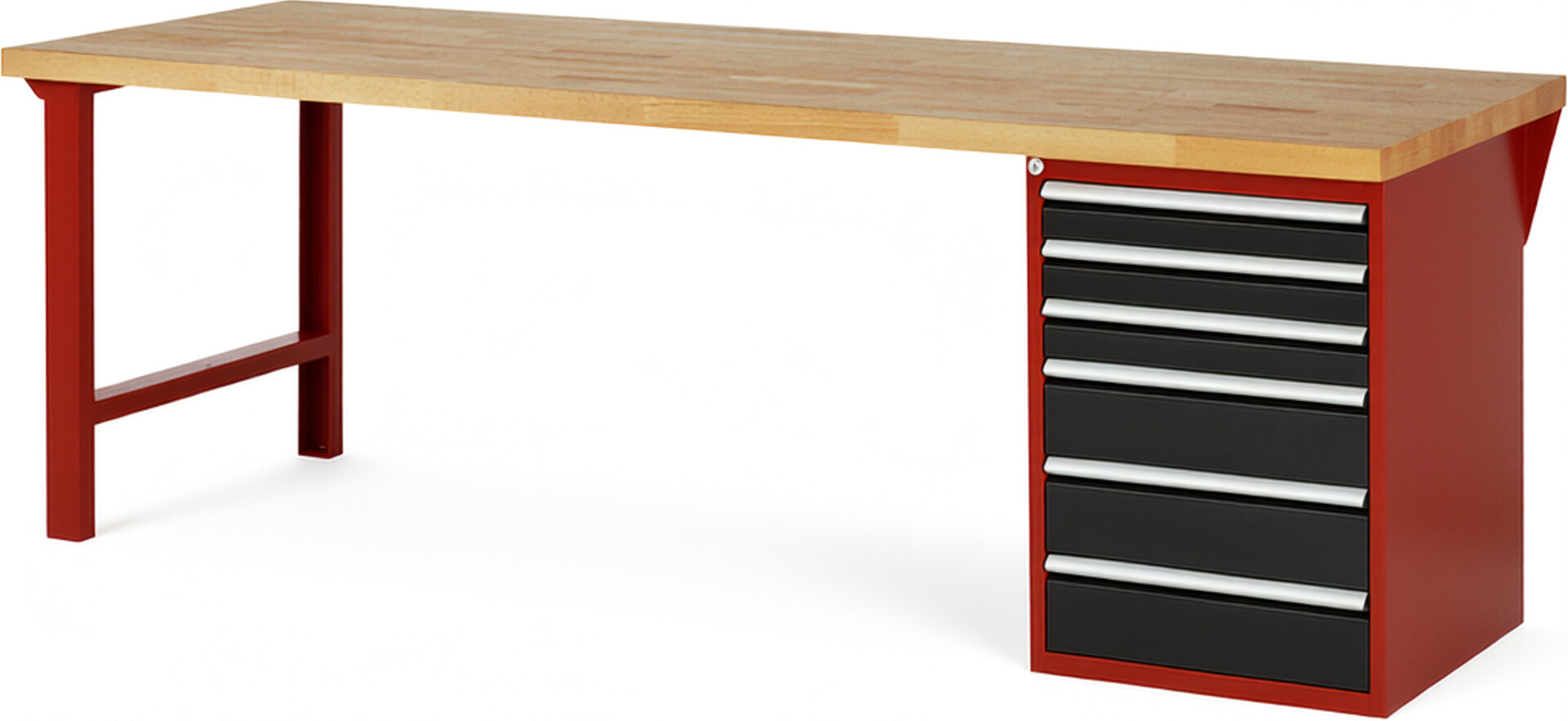 Werkbank Modell 7515 rot - schwarz, BxTxH 2500x900x890 mm,  Buche-Massiv Arbeitsplatte 40 mm,  6 Schubladen mit  Auszug 90 %