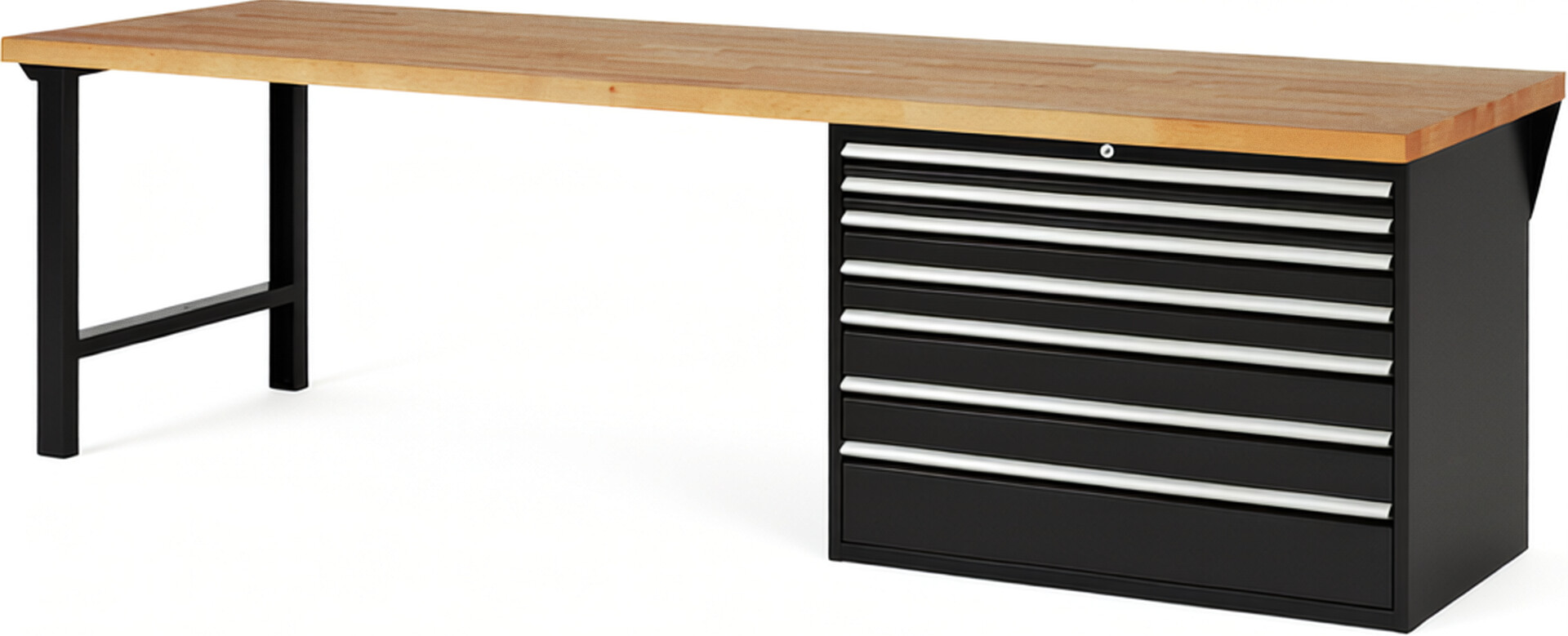 Werkbank Modell 7717 schwarz, BxTxH 3000x900x890 mm,  Buche-Massiv Arbeitsplatte 40 mm,  7 Schubladen mit  Vollauszug 100 % und  SoftClosing