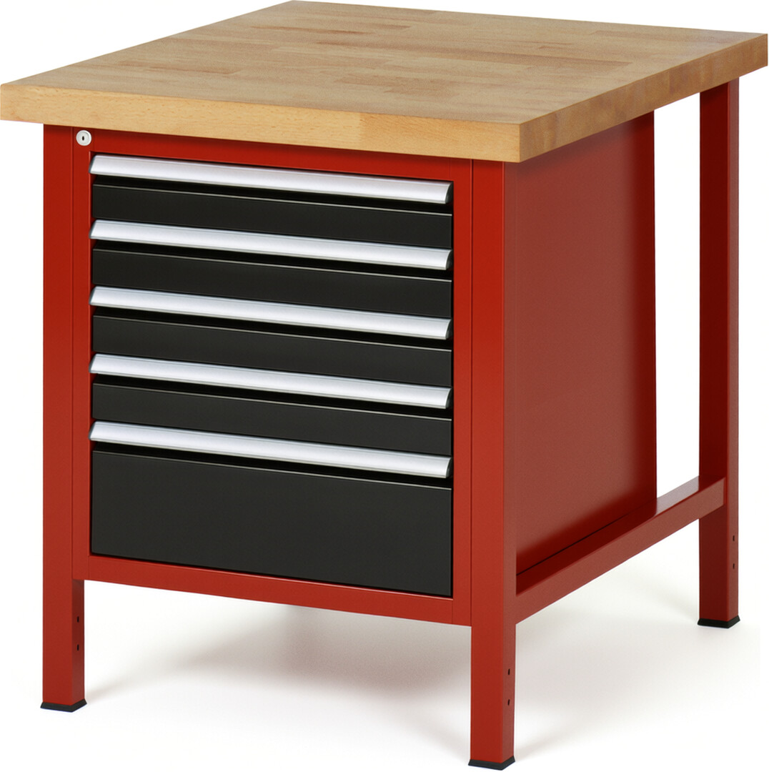 Werkbank Modell 8168 rot - schwarz, BxTxH 750x900x840 mm,  Buche-Massiv Arbeitsplatte 40 mm,  5 Schubladen mit  Vollauszug 100 % und  SoftClosing