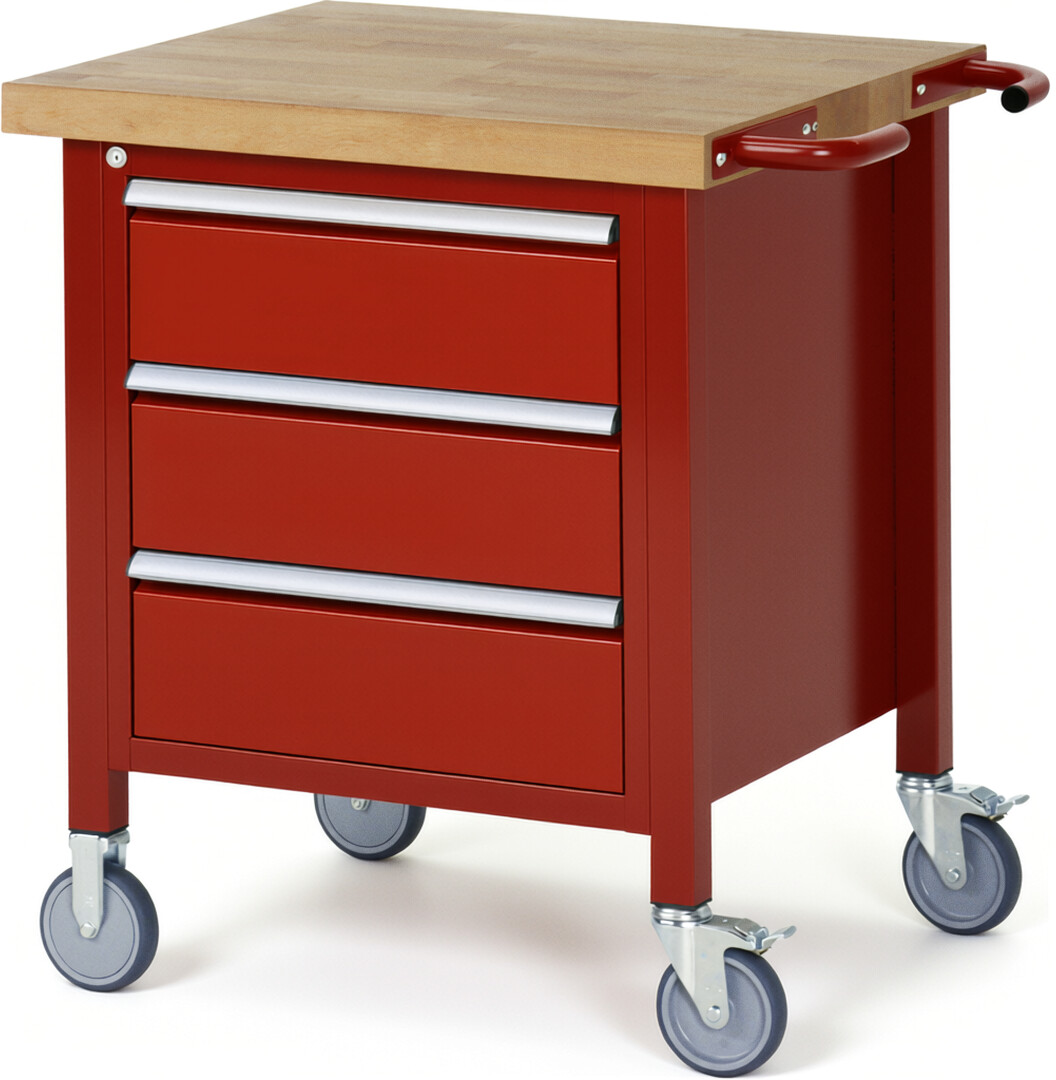 Fahrbare Werkbank Modell 8157 rot, BxTxH 750x700x880 mm,  Buche-Massiv Arbeitsplatte 40 mm,  3 Schubladen mit  Vollauszug 100 % und  SoftClosing