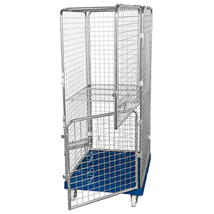 Rollbox mit Drahtgitterwänden, 5-seitig (2 Türen), 1 Boden, Nutzhöhe 1585 mm, BxTxH 810x720x1800 mm, Bodenplatte aus HDPE, RAL 5010 enzianblau