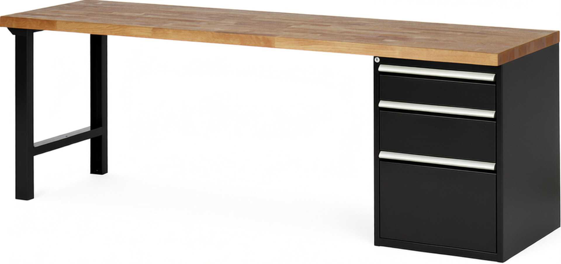 Werkbank Modell 7508 schwarz, BxTxH 2500x700x840 mm,  Buche-Massiv Arbeitsplatte 40 mm,  3 Schubladen mit  Vollauszug 100 % und  SoftClosing