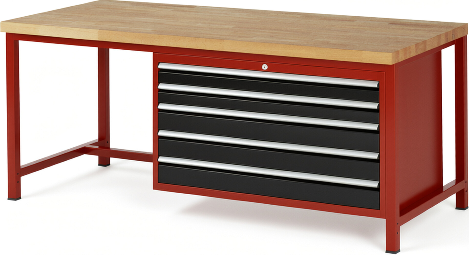 Werkbank Modell 8371 rot - schwarz, BxTxH 2000x900x840-1040 mm,  Buche-Massiv Arbeitsplatte 40 mm,  5 Schubladen mit  Vollauszug 100 % und  SoftClosing