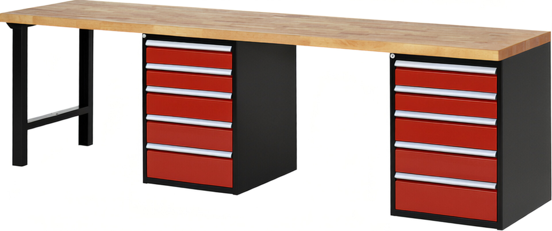 RAU Werkbank schwarz - rot - Breite 300 cm - Tiefe 70 cm - Höhe 89 cm - Buche-Massiv Arbeitsplatte 40 mm