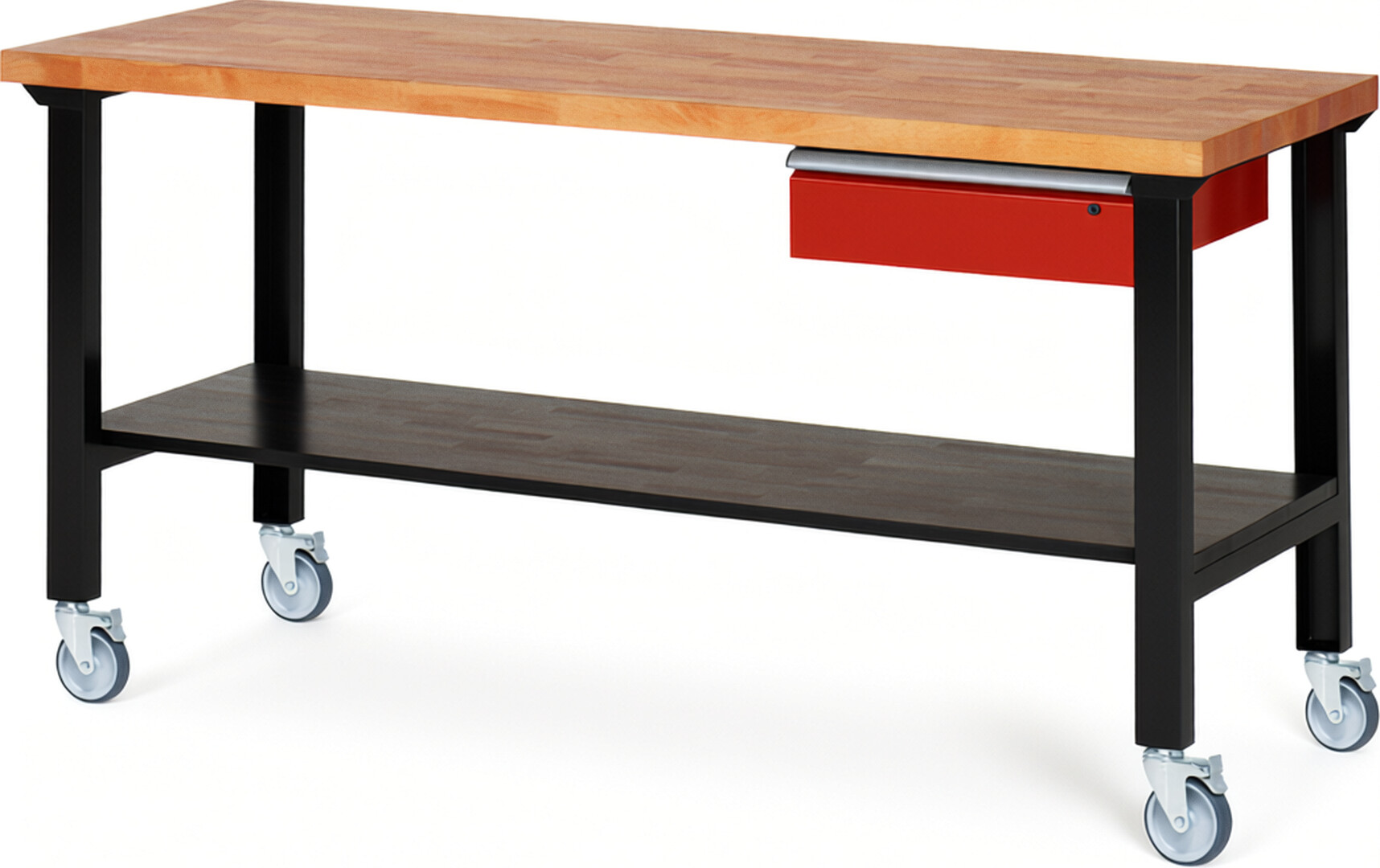 RAU Werkbank schwarz - rot - Breite 200 cm - Tiefe 70 cm - Höhe 100 cm - Buche-Massiv Arbeitsplatte 40 mm