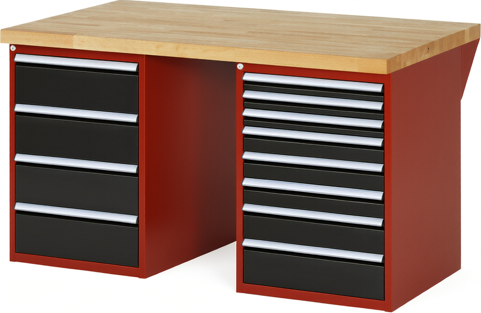 Werkbank Modell 7822 rot - schwarz, BxTxH 1500x900x840 mm,  Buche-Massiv Arbeitsplatte 40 mm,  12 Schubladen mit  Vollauszug 100 % und  SoftClosing