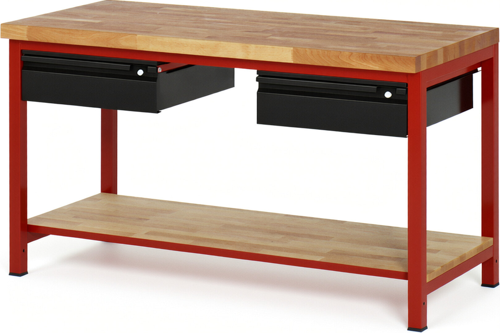 Werkbank - Modell 8002 BASIC rot - schwarz, BxTxH 1500x700x840-1040 mm,  Buche-Massiv Arbeitsplatte 40 mm,  2 Schubladen mit  Auszug 90 %