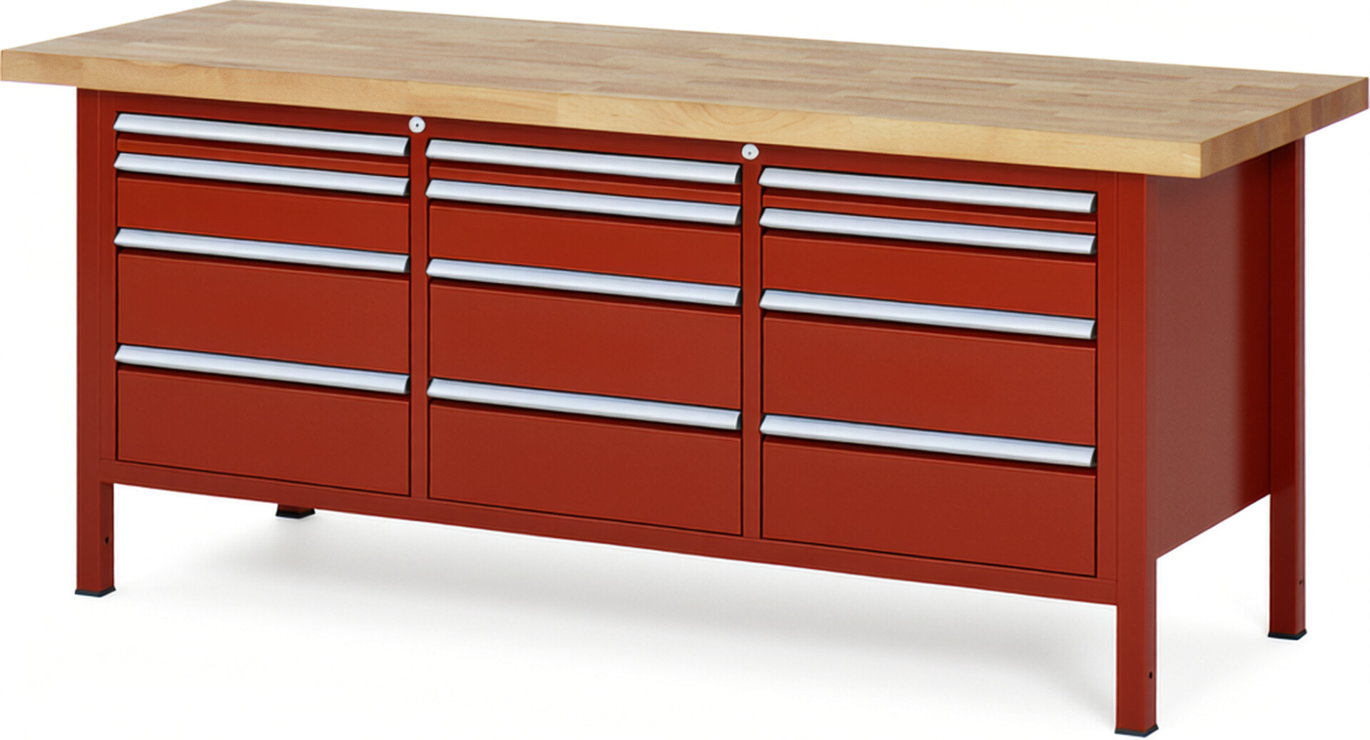 Werkbank Modell 8580 rot, BxTxH 2000x700x840 mm,  Buche-Massiv Arbeitsplatte 40 mm,  12 Schubladen mit  Auszug 90 %