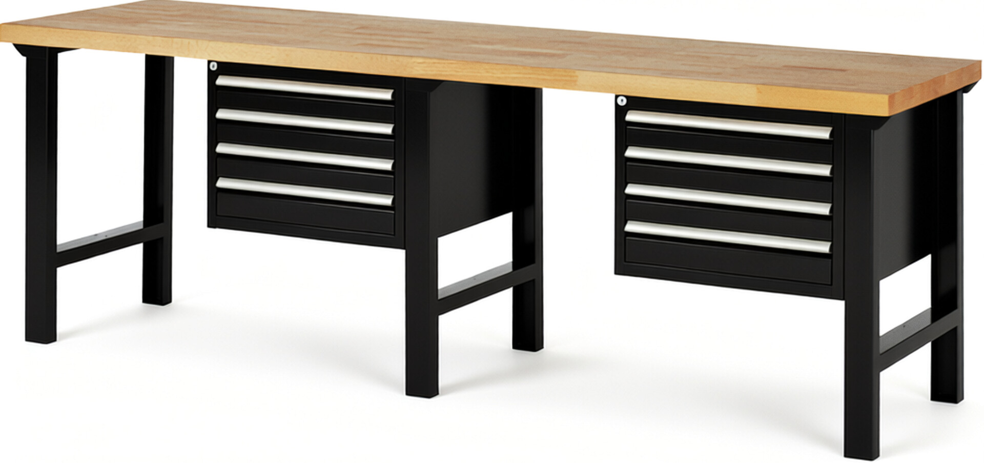 Werkbank Modell 7133 schwarz, BxTxH 2500x700x840 mm,  Buche-Massiv Arbeitsplatte 40 mm,  8 Schubladen mit  Auszug 90 %