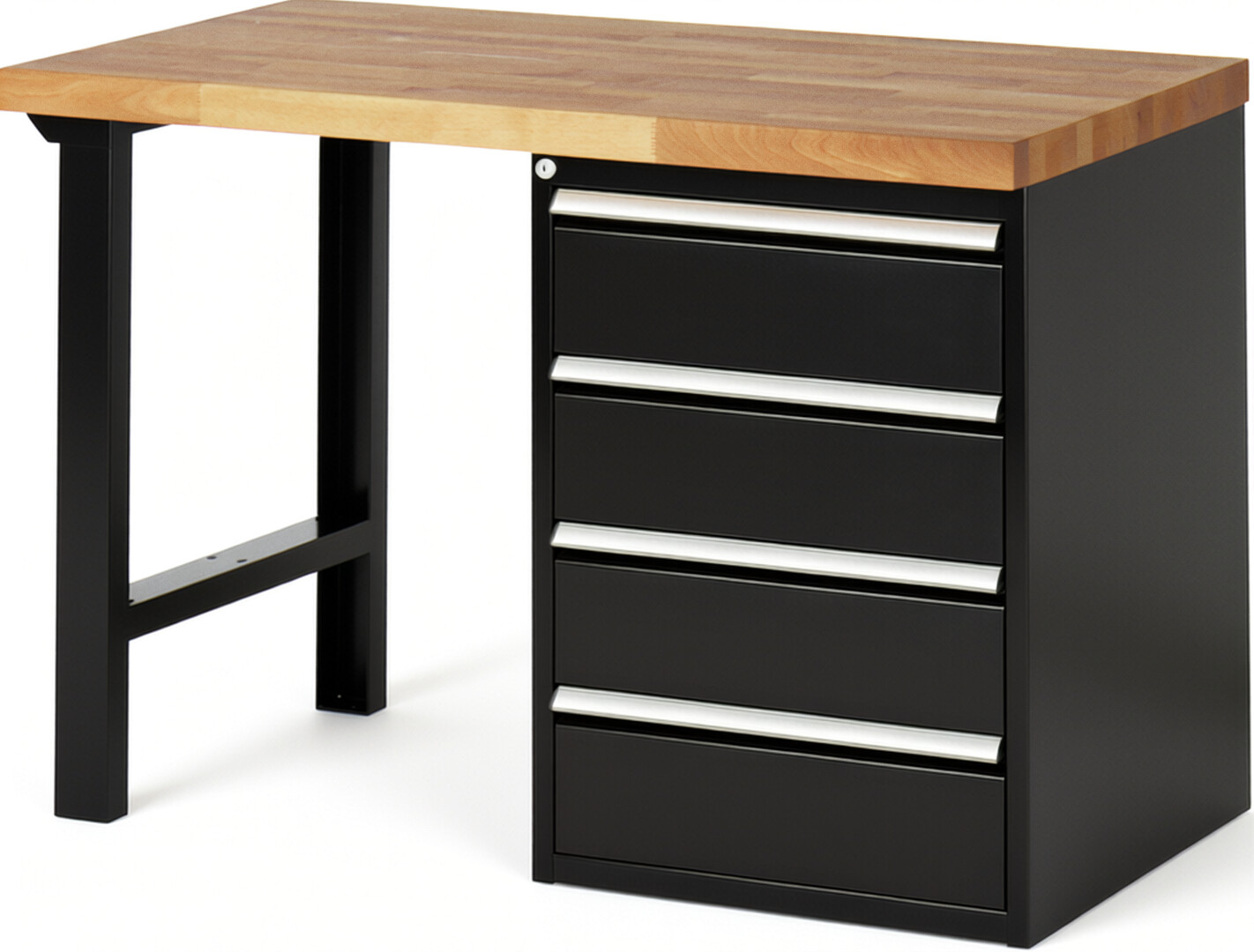 Werkbank Modell 7509 schwarz, BxTxH 1250x700x890 mm,  Buche-Massiv Arbeitsplatte 40 mm,  4 Schubladen mit  Auszug 90 %