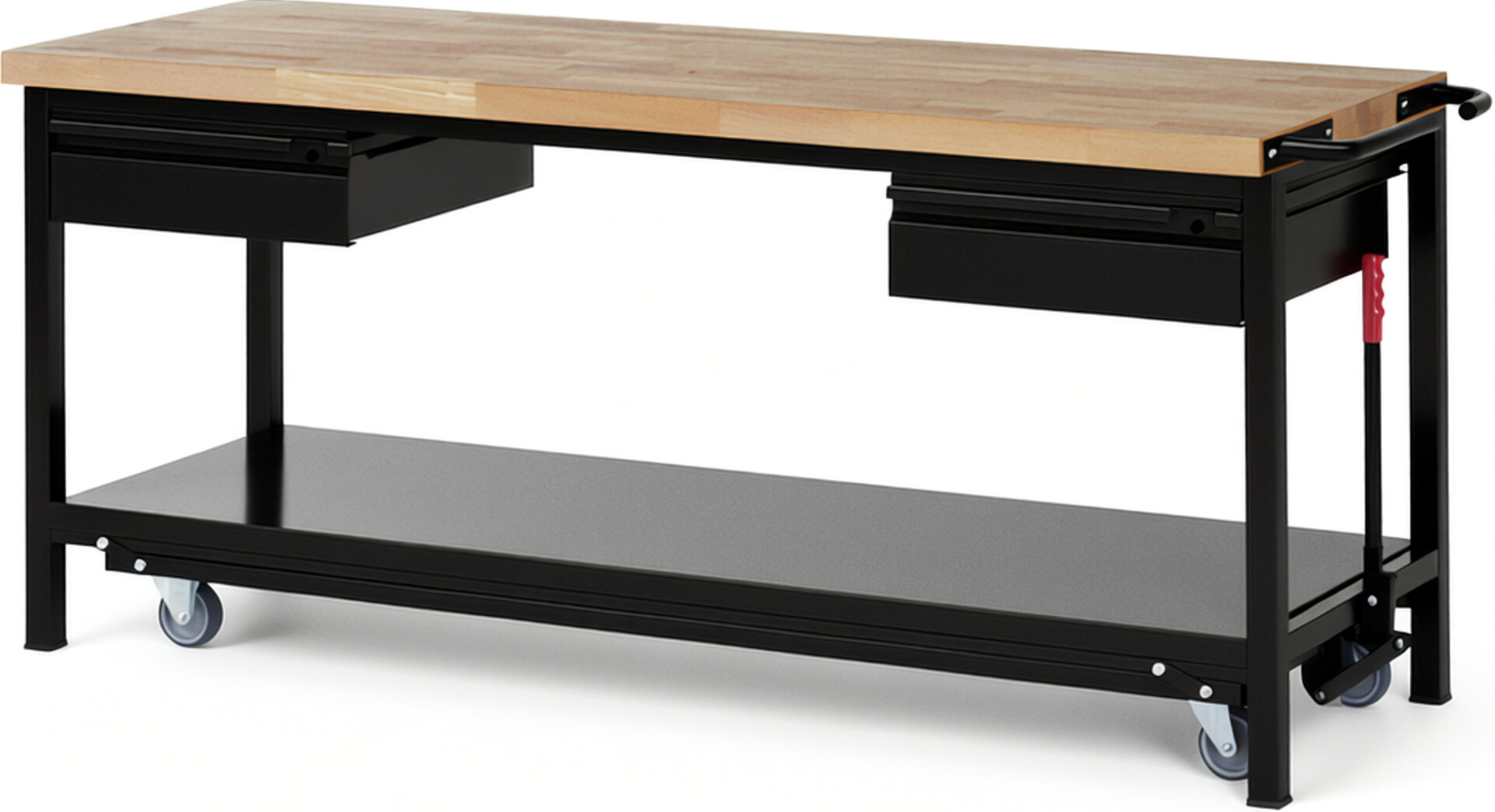 Absenkbare Werkbank - Modell 8002 BASIC schwarz, BxTxH 2000x700x880 mm,  Buche-Massiv Arbeitsplatte 40 mm,  2 Schubladen mit  Auszug 90 %
