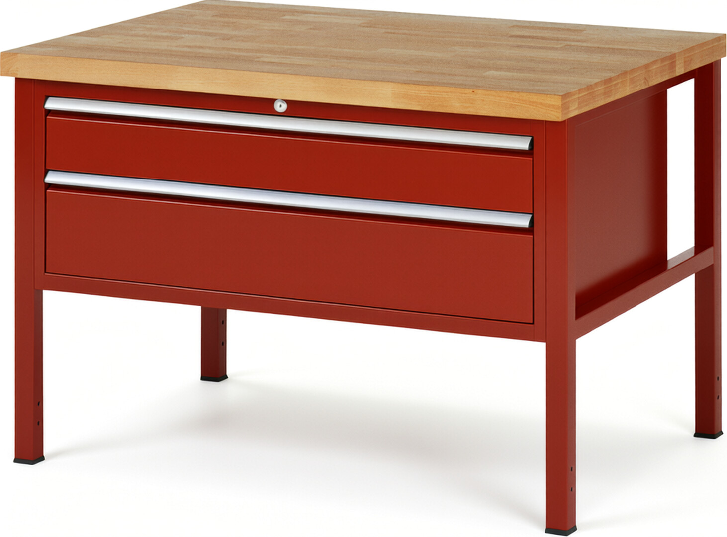 Werkbank Modell 8323 rot, BxTxH 1250x900x840 mm,  Buche-Massiv Arbeitsplatte 40 mm,  2 Schubladen mit  Auszug 90 %