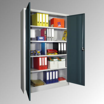 Aktenschrank, Flügeltürenschrank - Vollblechtüren - 1.950x1.200x600 mm (HxBxT) - 4 Einlegeböden verzinkt - Zylinderschloss - lichtgrau/feuerrot