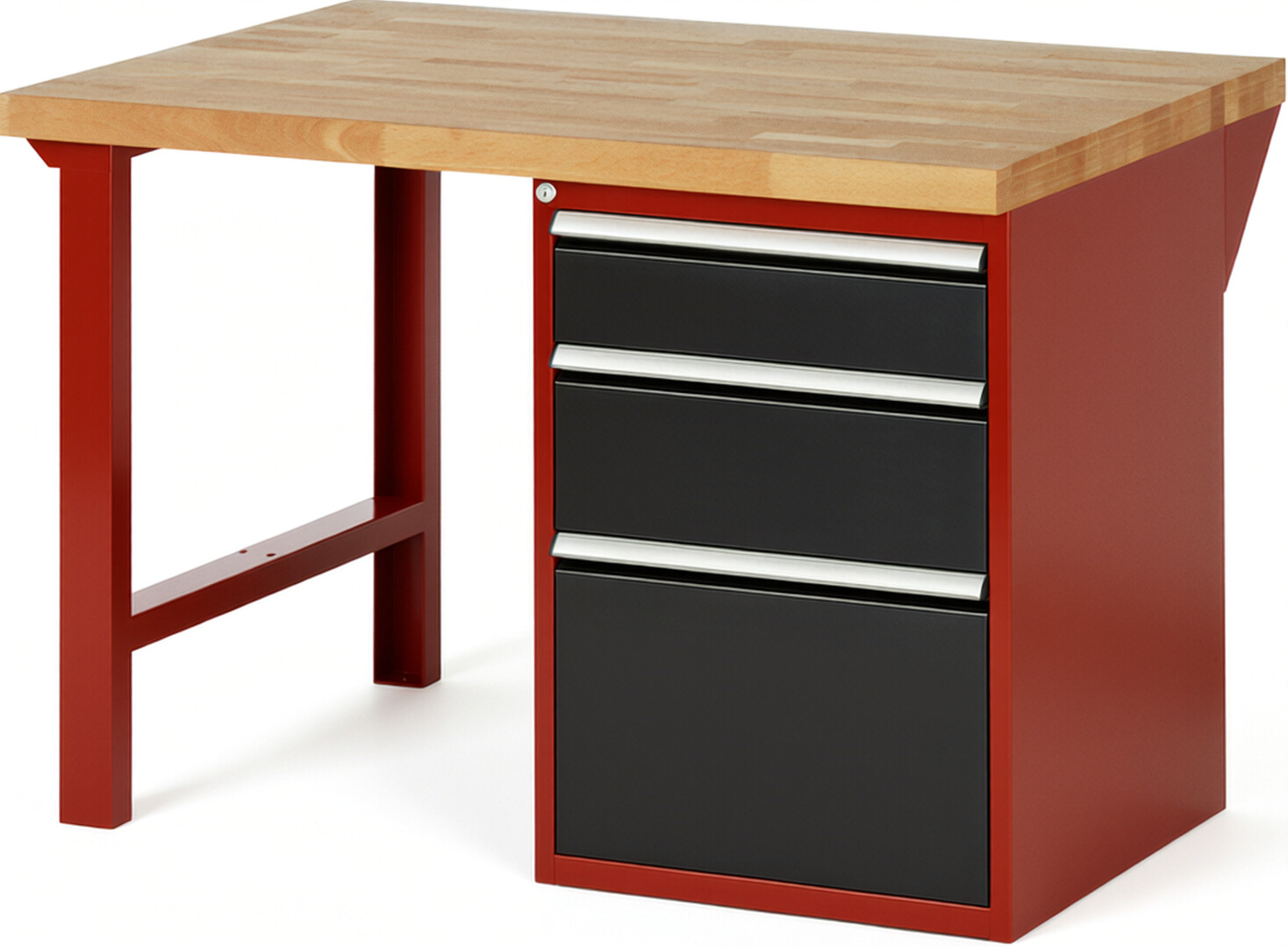 Werkbank Modell 7508 rot - schwarz, BxTxH 1250x900x840 mm,  Buche-Massiv Arbeitsplatte 40 mm,  3 Schubladen mit  Vollauszug 100 % und  SoftClosing