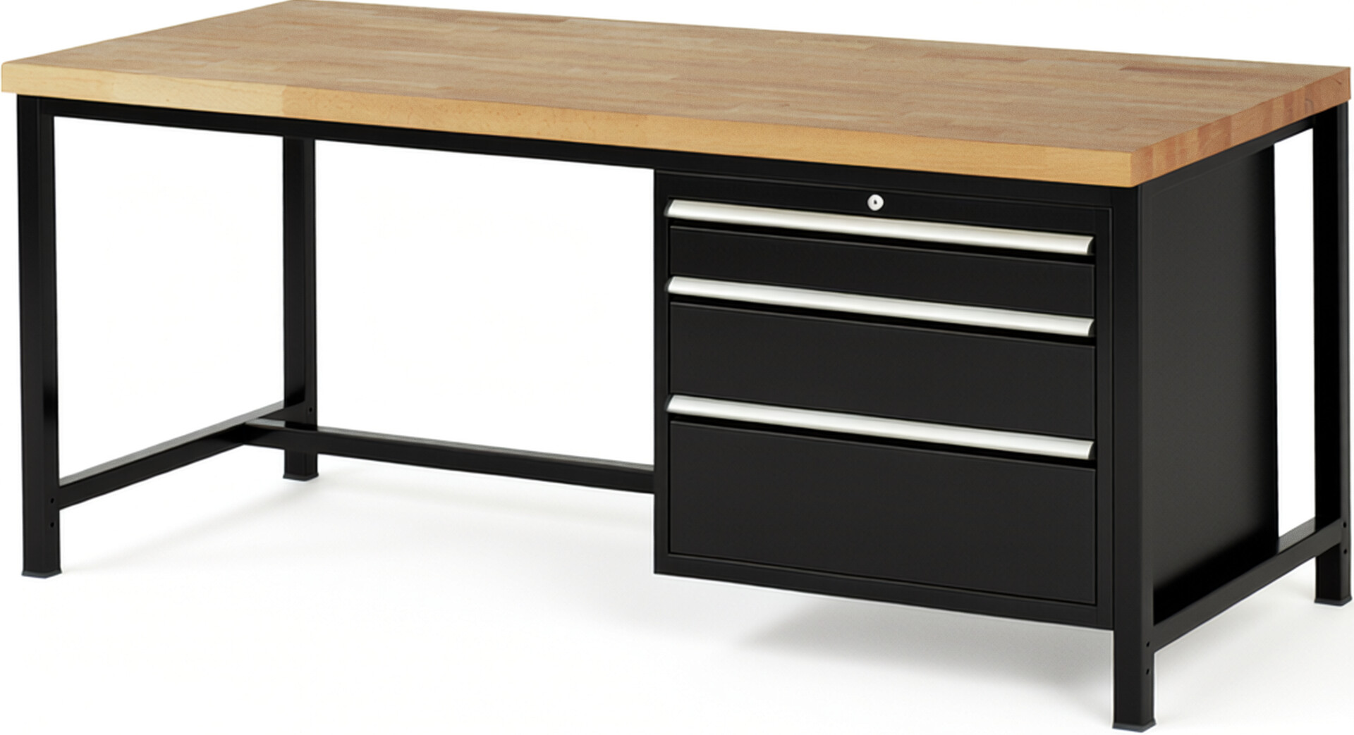 Werkbank Modell 8259 schwarz, BxTxH 2000x900x840 mm,  Buche-Massiv Arbeitsplatte 40 mm,  3 Schubladen mit  Auszug 90 %