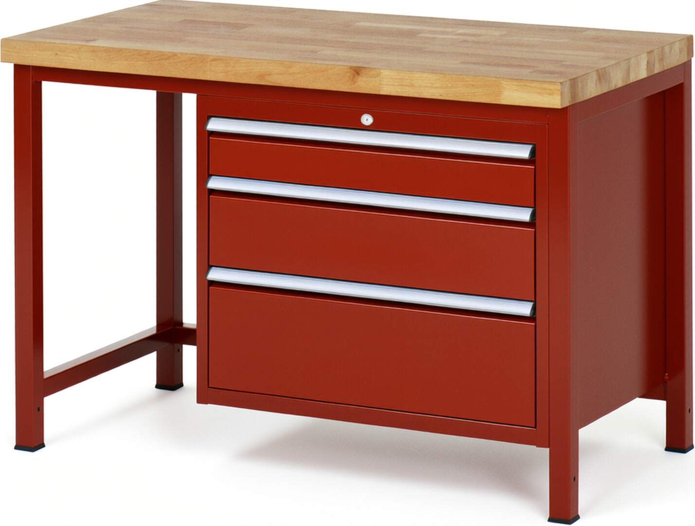 Werkbank Modell 8259 rot, BxTxH 1250x700x840 mm,  Buche-Massiv Arbeitsplatte 40 mm,  3 Schubladen mit  Vollauszug 100 % und  SoftClosing