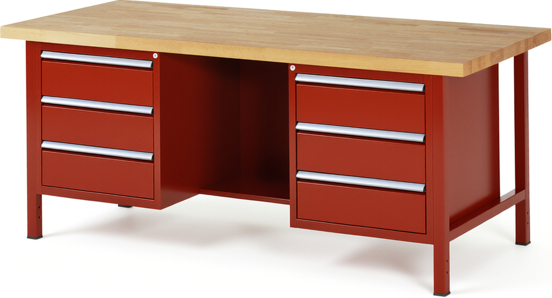 Werkbank Modell 8554 rot, BxTxH 2000x900x840 mm,  Buche-Massiv Arbeitsplatte 40 mm,  6 Schubladen mit  Vollauszug 100 % und  SoftClosing