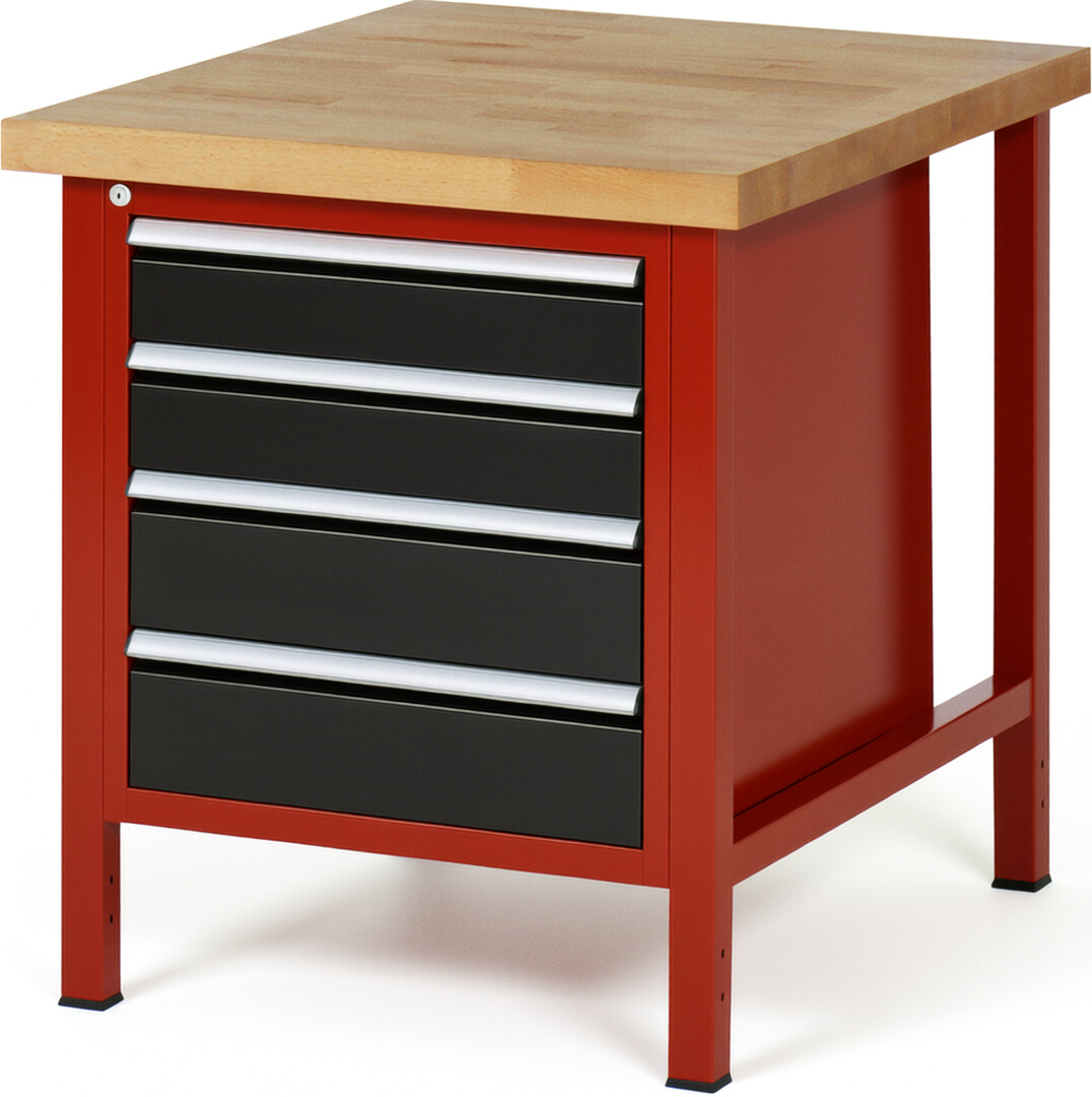 Werkbank Modell 8162 rot - schwarz, BxTxH 750x900x840-1040 mm,  Buche-Massiv Arbeitsplatte 40 mm,  4 Schubladen mit  Auszug 90 %