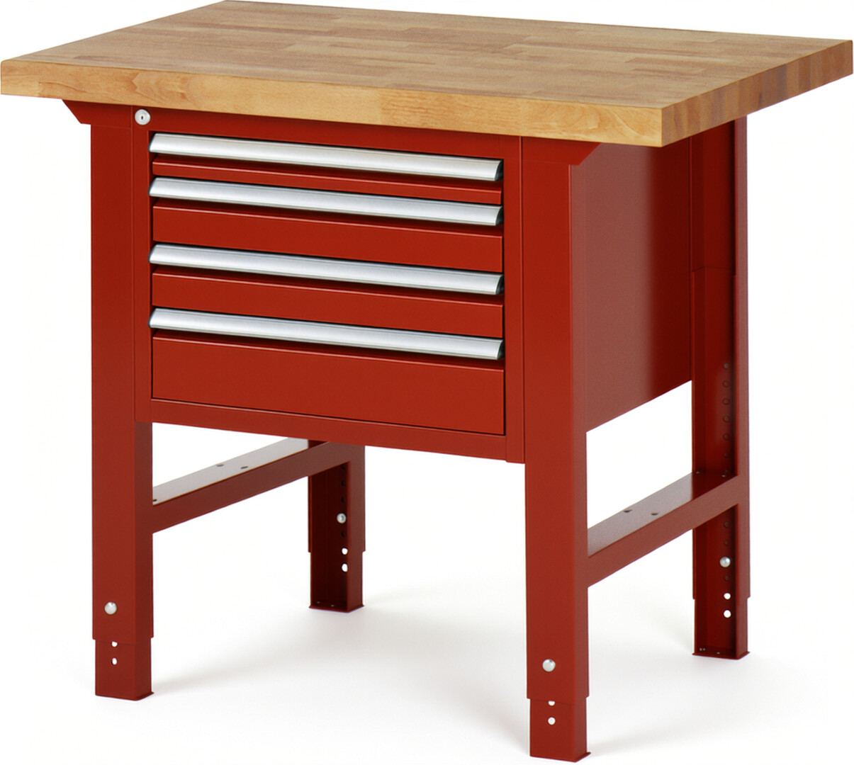 Werkbank Modell 7132 rot, BxTxH 1000x700x790-1140 mm,  Buche-Massiv Arbeitsplatte 40 mm,  4 Schubladen mit  Vollauszug 100 % und  SoftClosing