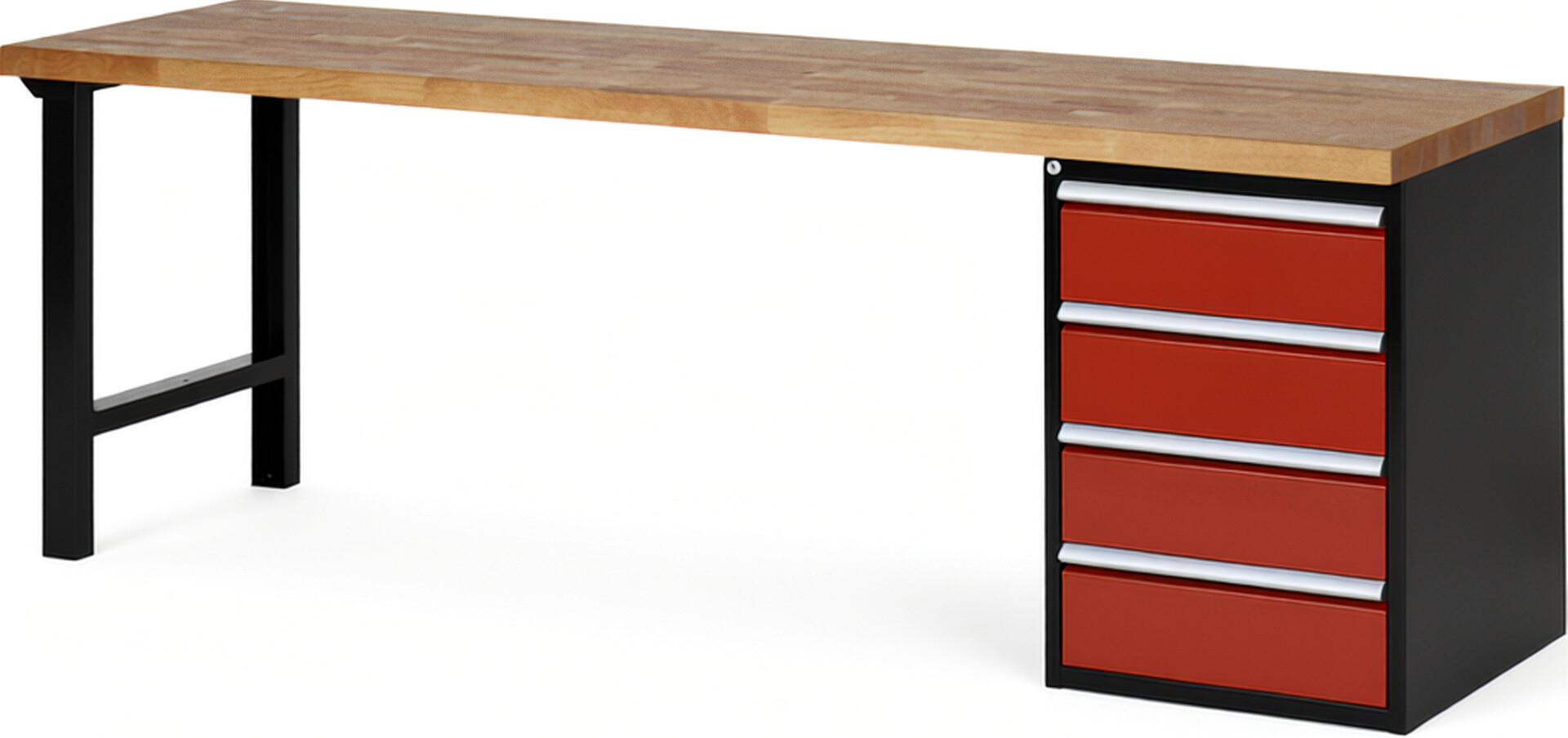 RAU Werkbank schwarz - rot - Breite 250 cm - Tiefe 70 cm - Höhe 89 cm - Buche-Massiv Arbeitsplatte 40 mm