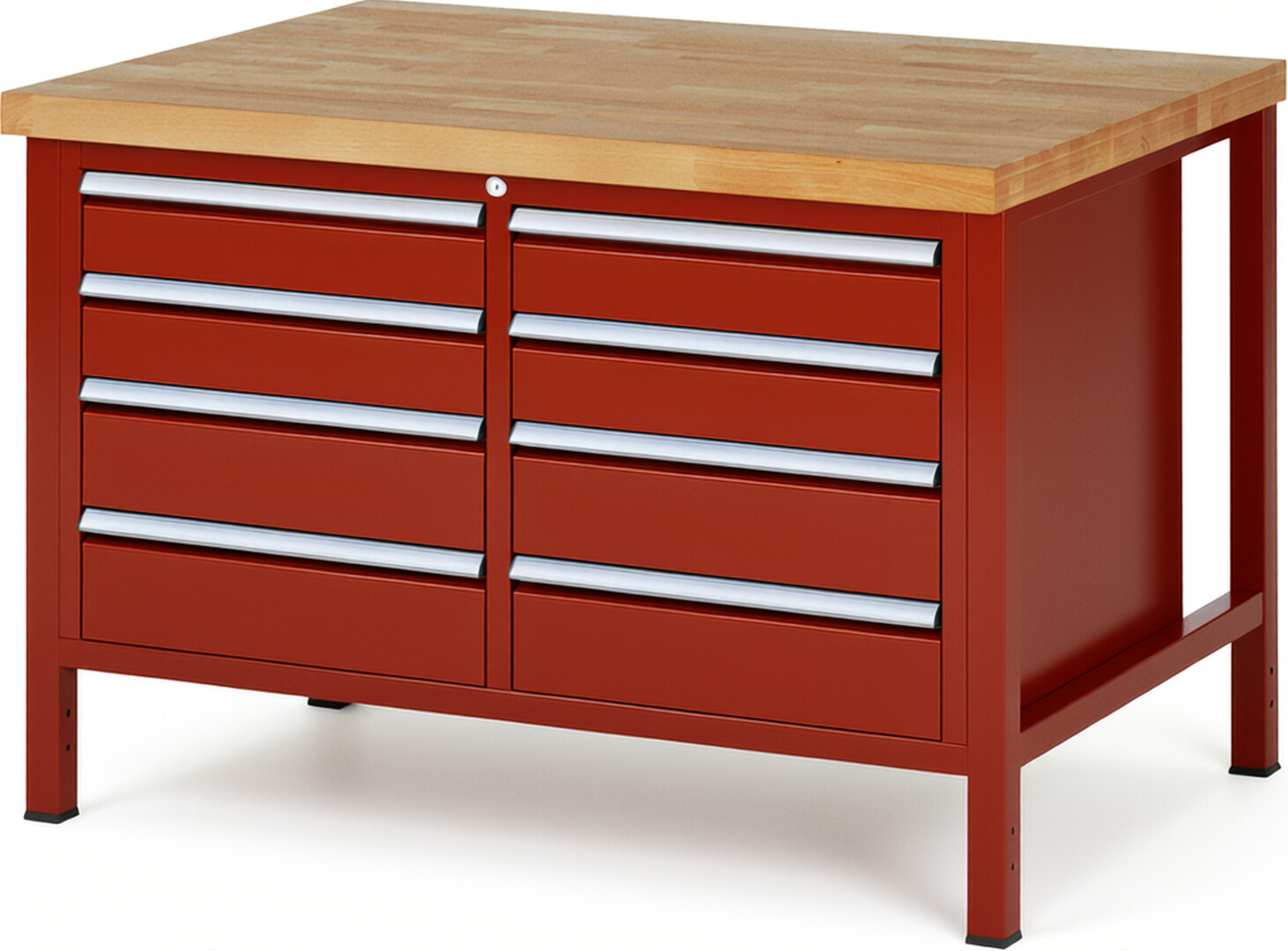 Werkbank Modell 8477 rot, BxTxH 1250x900x840 mm,  Buche-Massiv Arbeitsplatte 40 mm,  8 Schubladen mit  Vollauszug 100 % und  SoftClosing
