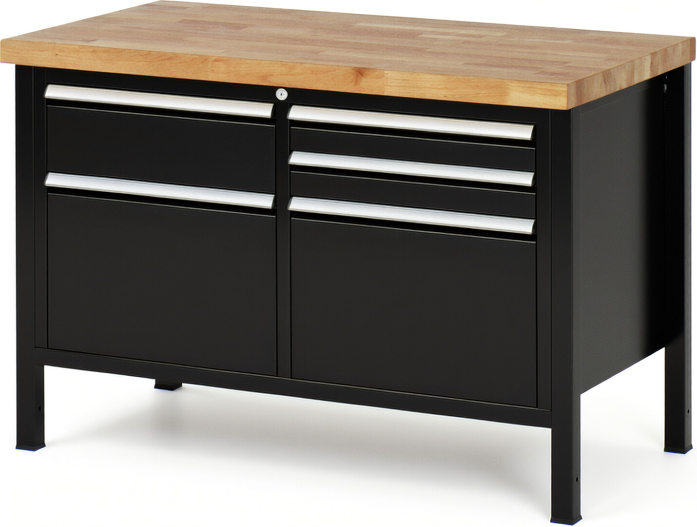 Werkbank Modell 8472 schwarz, BxTxH 1250x700x840 mm,  Buche-Massiv Arbeitsplatte 40 mm,  5 Schubladen mit  Auszug 90 %