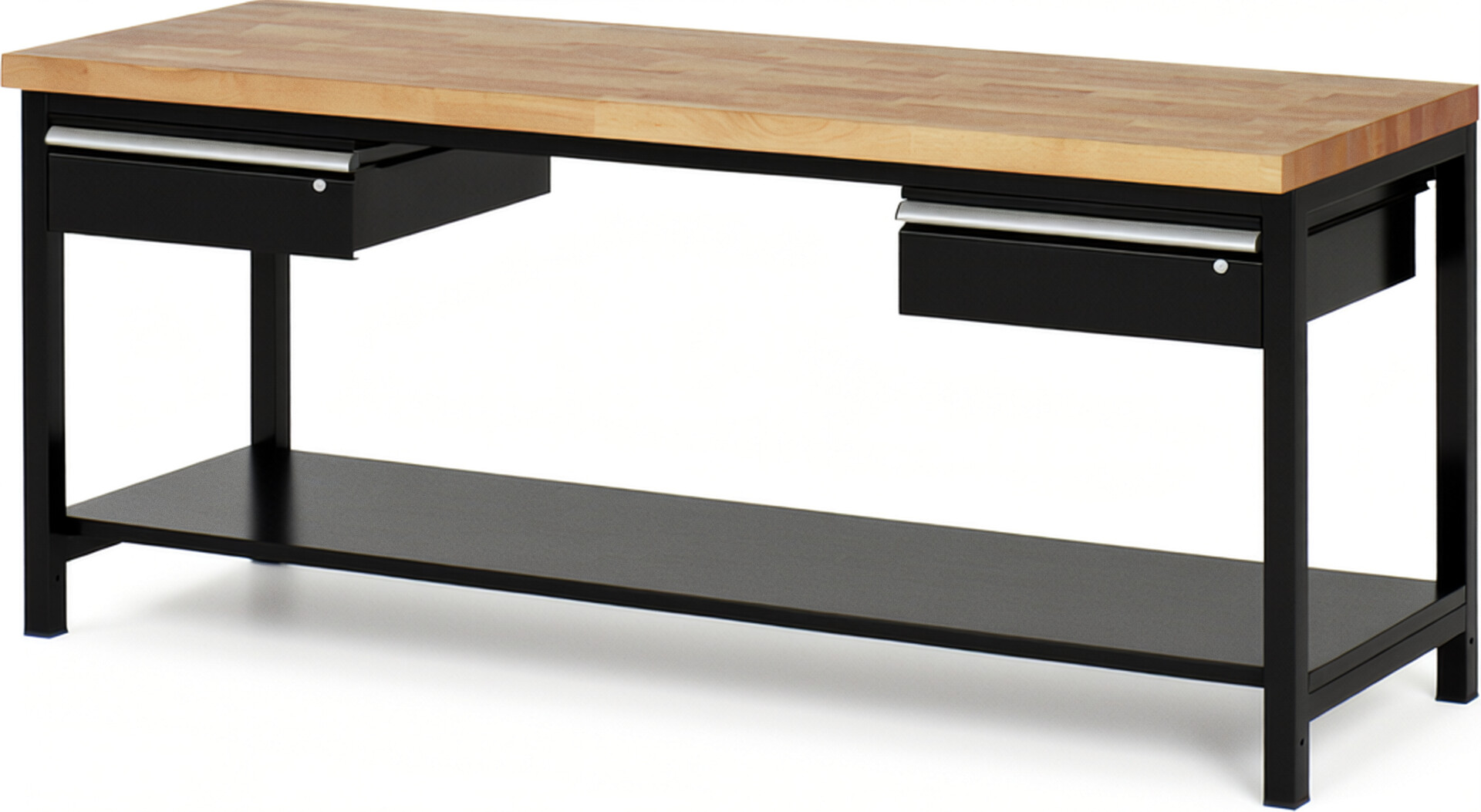 Werkbank Modell 8002 schwarz, BxTxH 2000x700x840-1040 mm,  Buche-Massiv Arbeitsplatte 40 mm,  2 Schubladen mit  Auszug 90 %