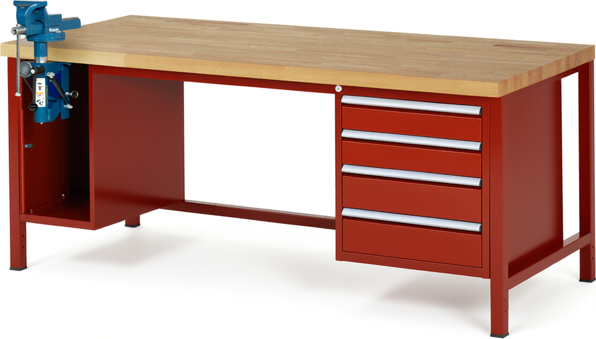 Werkbank Modell 8185 rot, BxTxH 2000x900x840-1040 mm,  Buche-Massiv Arbeitsplatte 40 mm,  4 Schubladen mit  Auszug 90 %