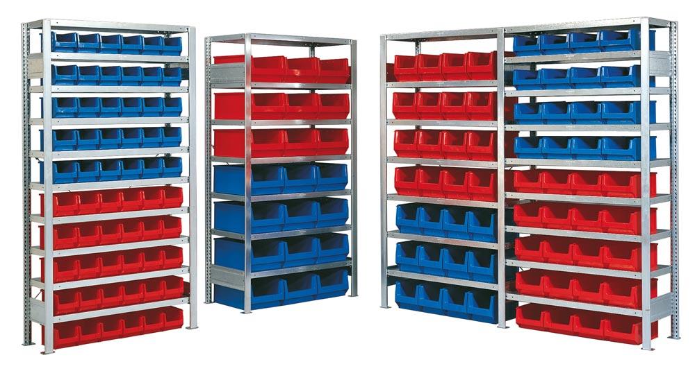 Kleinteileregal, Magazinregal - Robustes Regalsystem für Sichtlagerkästen - Grundfeld mit 36 Kästen - Sortimentsregal - Sichtlagerboxen - 2.000 x 1.060 x 425 mm (HxBxT)