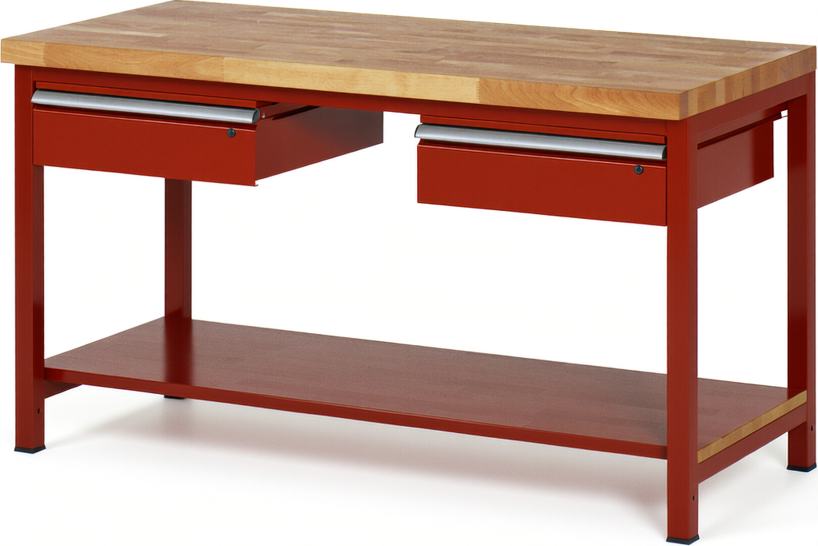 Werkbank Modell 8002 rot, BxTxH 1500x700x840-1040 mm,  Buche-Massiv Arbeitsplatte 40 mm,  2 Schubladen mit  Auszug 90 %