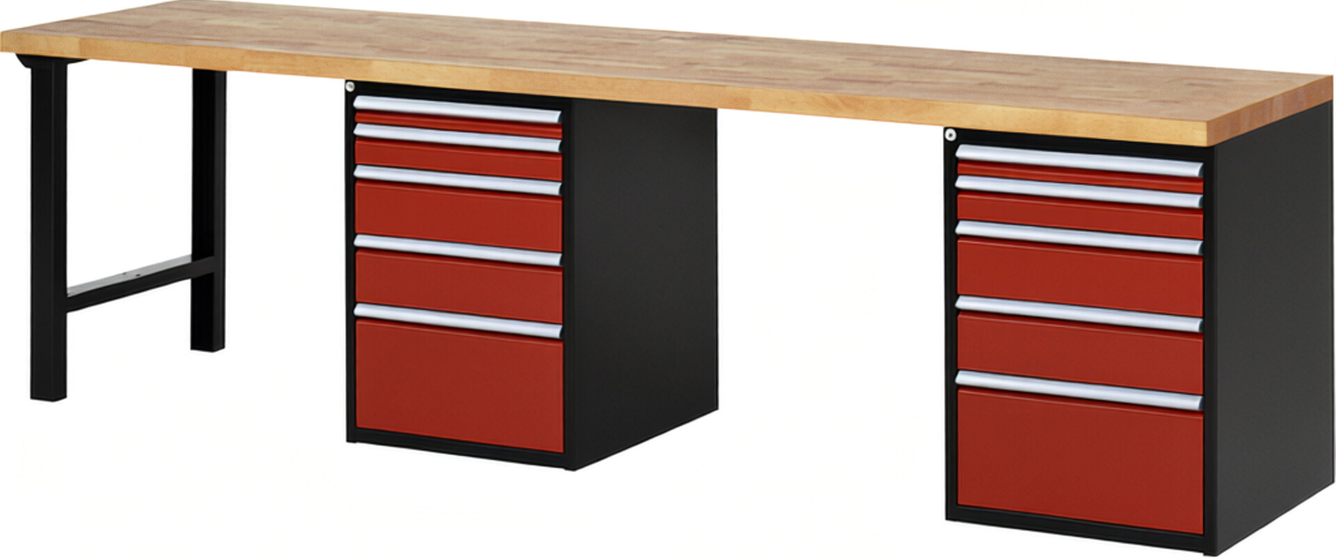 RAU Werkbank schwarz - rot - Breite 300 cm - Tiefe 70 cm - Höhe 89 cm - Buche-Massiv Arbeitsplatte 40 mm