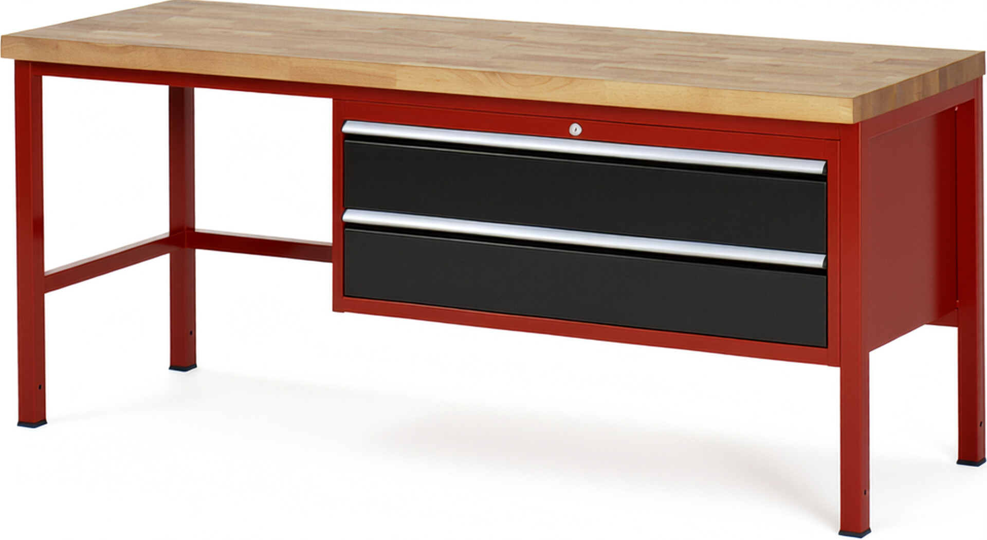 Werkbank Modell 8325 rot - schwarz, BxTxH 2000x700x840 mm,  Buche-Massiv Arbeitsplatte 40 mm,  2 Schubladen mit  Vollauszug 100 % und  SoftClosing